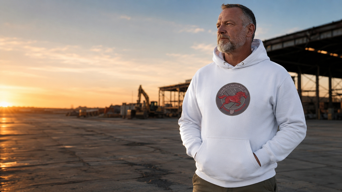 Mature veteran wearing a Charlie's Canteen hoodie at an airfield construction site