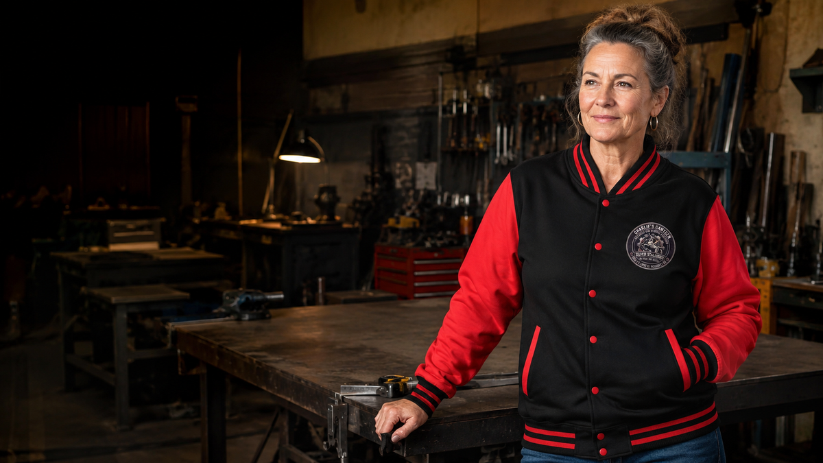 Woman wearing a Charlie's Canteen retired and alumni jacket in a workshop